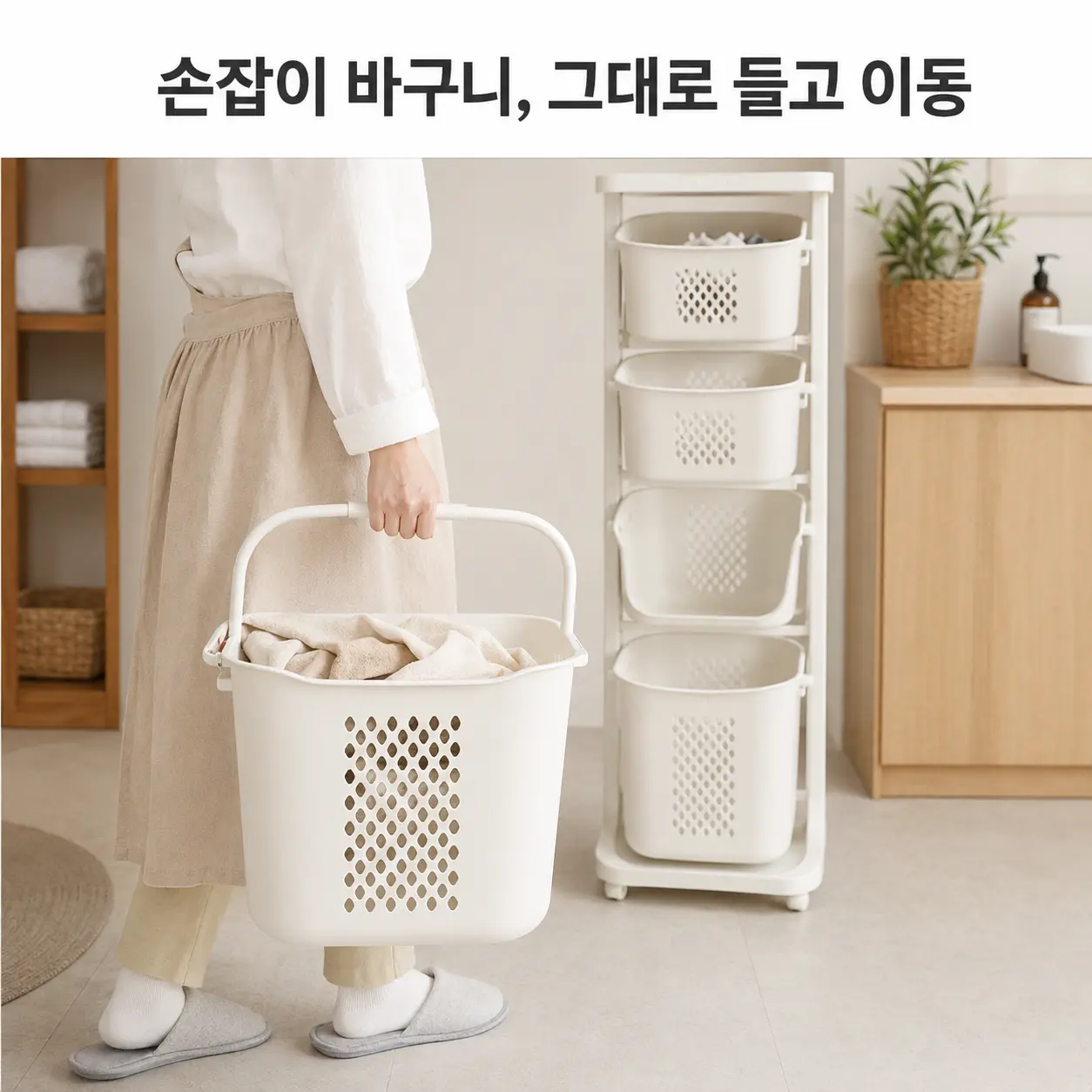 빨래 분리수납이 편해지는 네이쳐리빙 뉴스윙 4단 빨래바구니|높이·동선 체크 3 손잡이 바구니를 들고 이동하는 네이쳐리빙 VER.4 빨래바구니