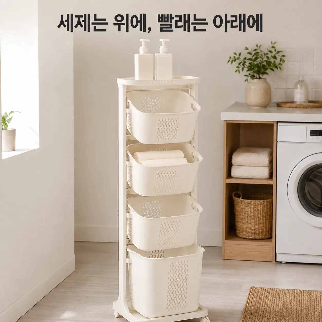 빨래 분리수납이 편해지는 네이쳐리빙 뉴스윙 4단 빨래바구니|높이·동선 체크 4 상단 선반에 세제를 올려둔 네이쳐리빙 VER.4 빨래바구니