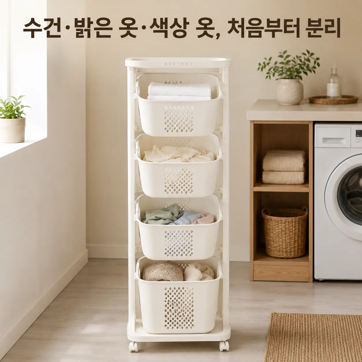 빨래 분리수납이 편해지는 네이쳐리빙 뉴스윙 4단 빨래바구니|높이·동선 체크 6 수건과 밝은 옷, 색상 옷을 분리 수납한 네이쳐리빙 VER.4 빨래바구니