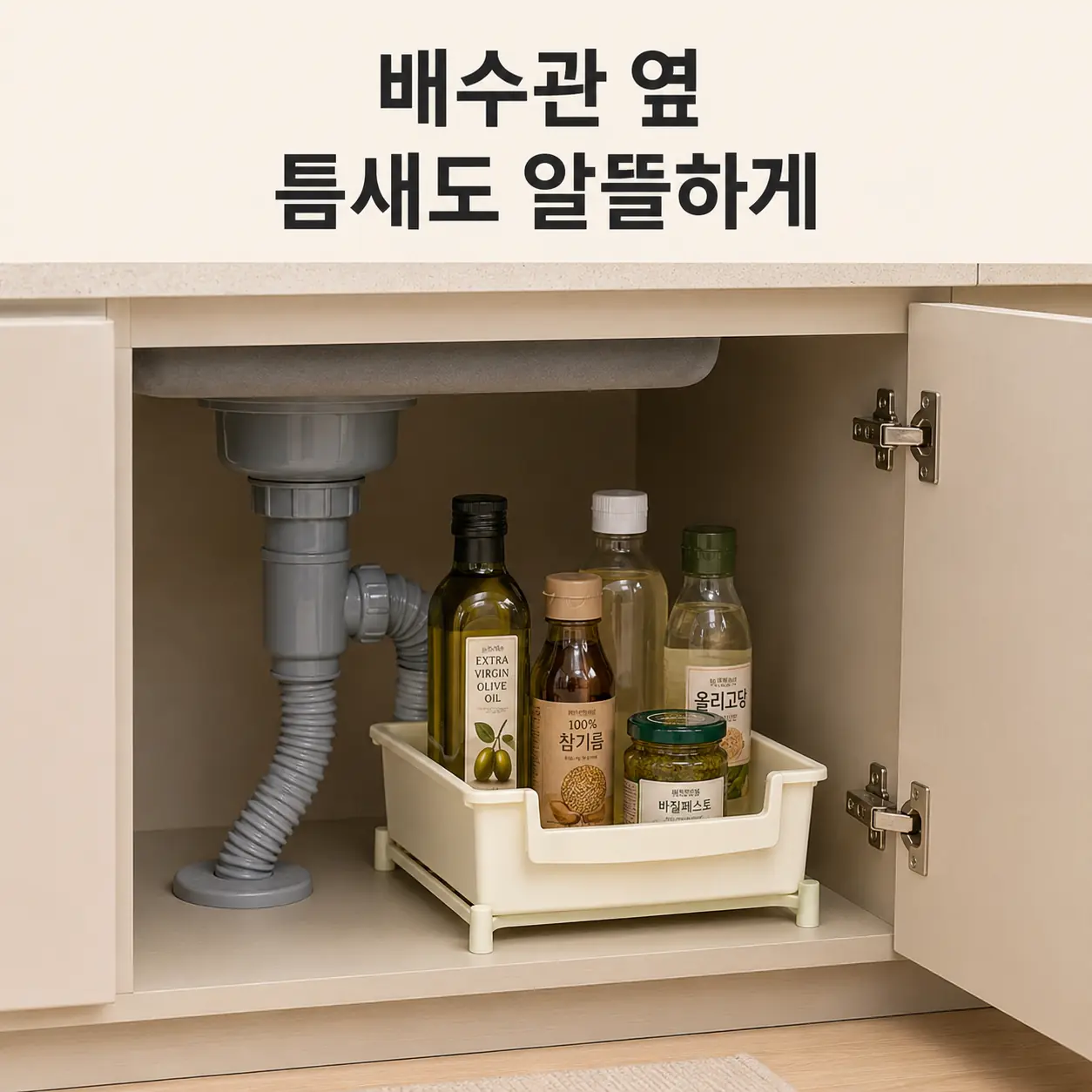 싱크대 하부장 정리, 플라팜 싱크인 선반 1단|배수관·내부 치수 체크 2 싱크대 배수관 옆 틈새에 설치된 플라팜 싱크인 선반